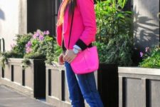 With jeans, pink and white converse and pink bag