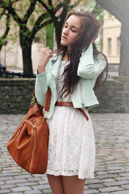 With lace dress, brown belt and bag