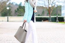 With loose blouse, white pants, gray bag and scarf