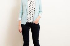 With polka dot shirt, skinny jeans and beige shoes
