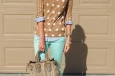 With polka dot sweater, denim shirt and flats