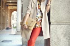 With printed blouse, white heels, beige clutch and trench coat