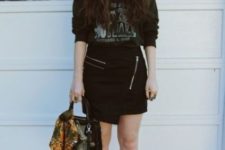 With printed shirt, ankle boots and bag