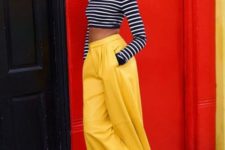 With striped crop turtleneck and white shoes