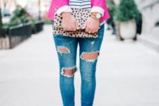 With striped shirt, distressed jeans, leopard clutch and flats