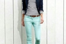 With striped shirt, mint scarf, navy blue jacket and sandals