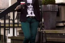 With t-shirt, black jacket, bag, pumps and gloves
