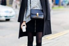 With turtleneck, black tights, heels and crossbody bag
