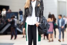 With white blouse, leather jacket and bag