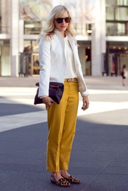 With white shirt, white jacket and leopard loafers