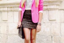 With white top, animal printed skirt and pink flats