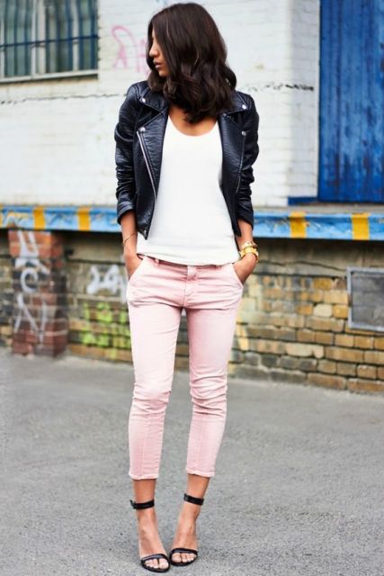 With white top, leather jacket and heels