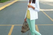 With yellow shirt, white blazer and yellow and beige flats