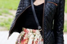 02 a black quilted moto jacket, a black top and a floral mini