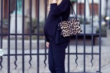 02 a navy suit, black flats and a leopard tote