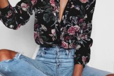 03 a black floral blouse, ripped blue jeans