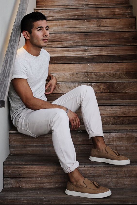 03 a white tee, white denim and brown moccasins