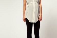 03 black leggings, a black top, a sheer ivory tunic and red heels for a comfy feel