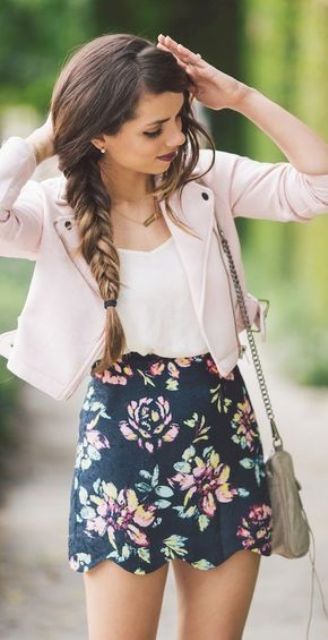a floral mini with a scallope edge, a white top and a blush leather jacket