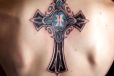 05 beautiful back cross tattoo with holy water