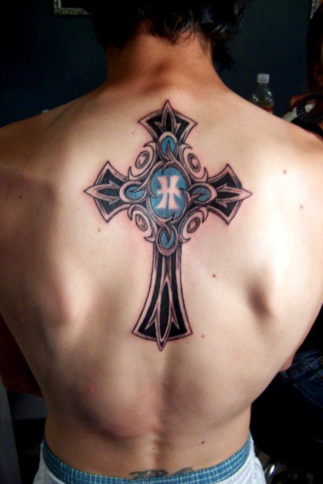 beautiful back cross tattoo with holy water
