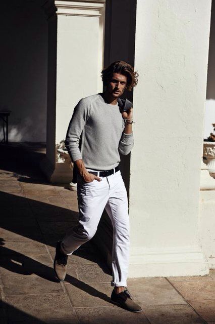 white denim, a neutral long sleeve and suede shoes