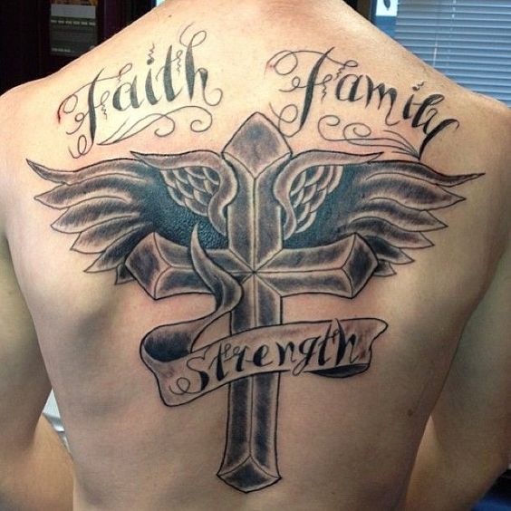 large cross on the back with wings and various meaningful words