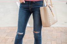 07 pink red off the shoulder top with a V cut, ripped jeans, nude heels