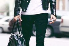 08 ablack leather jacket, black jeans, a white tee, black boots and a bag
