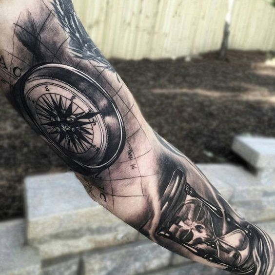 compass and hourglass full sleeve tattoo for man