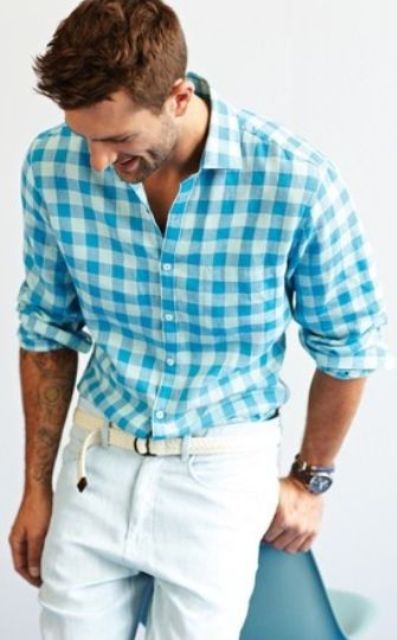 a blue plaid shirt and white jeans look perfect together