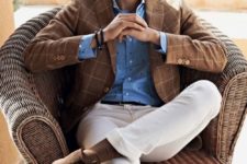 09 brown windowpane jacket, a polka dot blue shirt, white pants and brown suede shoes