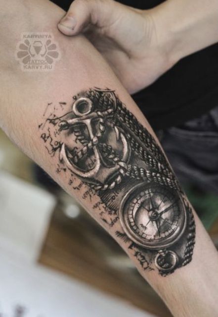 rope, anchor, map and a compass 3D tattoo on an arm