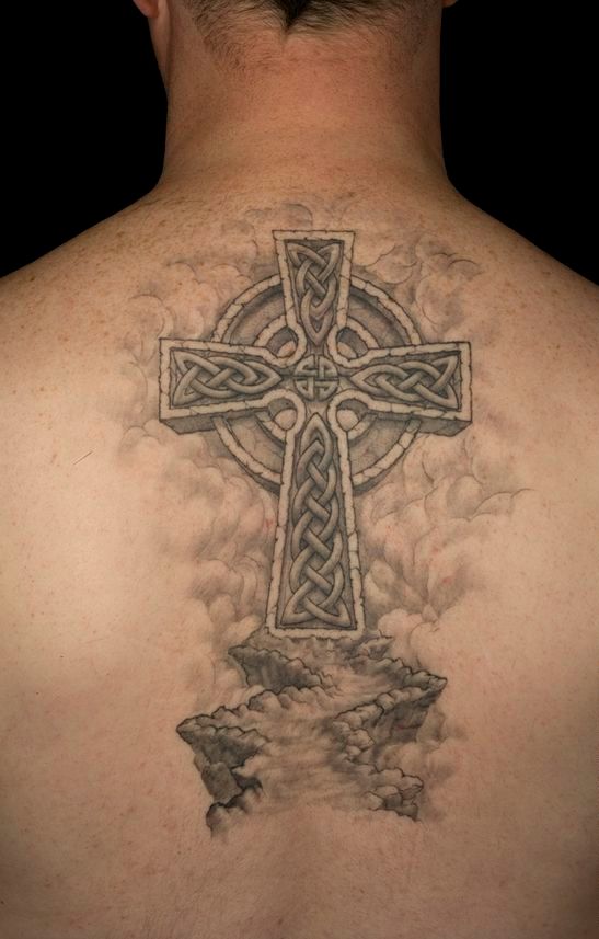 3D Celtic cross tattoo on the back