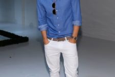 10 a chambray shirt, white jeans, grey suede shoes