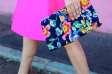 10 a striped shirt, a hot pink skirt and shoes and a bold floral clutch