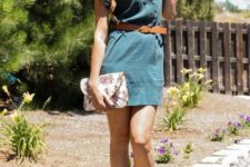 12 an army green mini dress on buttons, a leather belt, nude shoes and a floral clutch