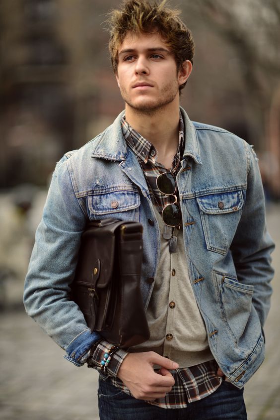 navy jeans, a checked shirt, a distressed denim jacket