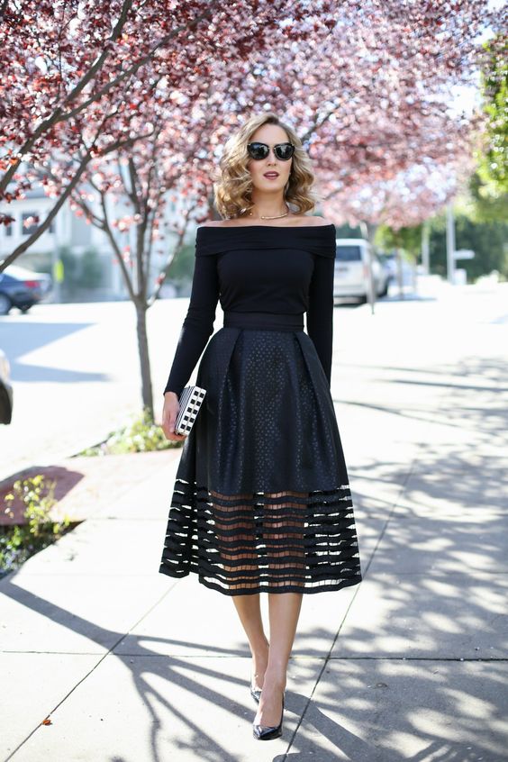 a black off the shoulder top, a cut off midi skirt and heels for some special occasion