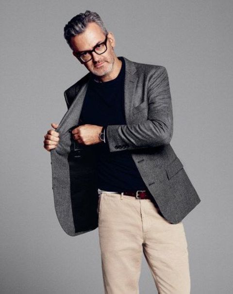 ivory pants, a black tee and a grey jacket for a smart casual look