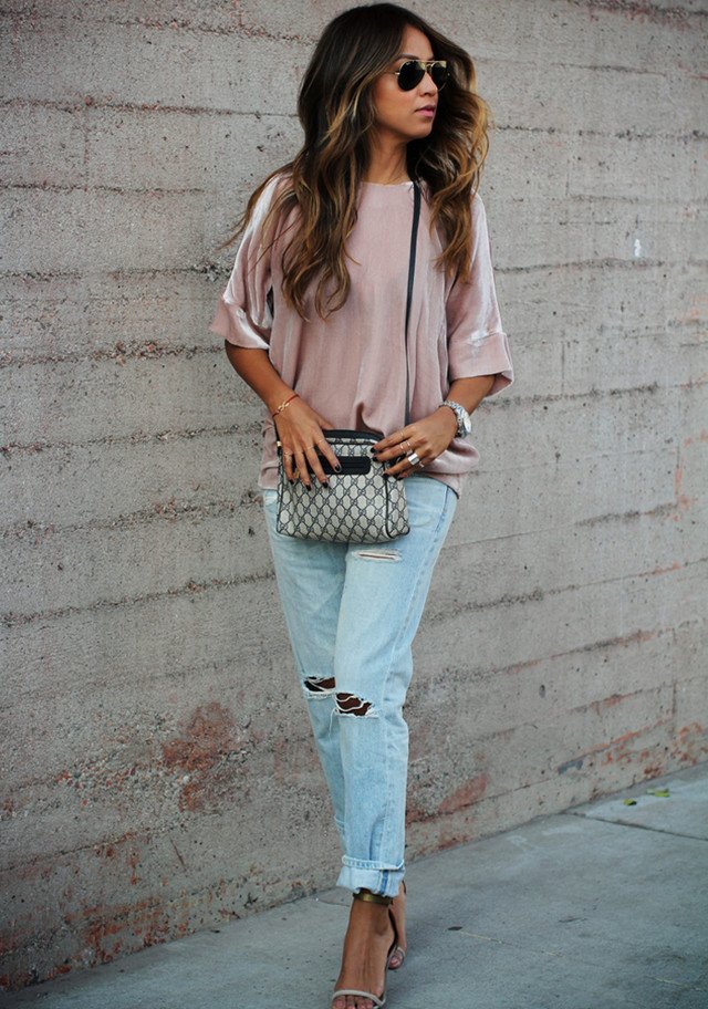 distressed denim, a blush blouse and nude sandals