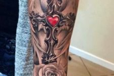 20 chic metal cross tattoo with a heart and roses