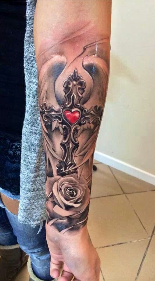 chic metal cross tattoo with a heart and roses