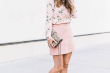 21 a delicate floral blouse, a pink mini and lace up heeled sandals