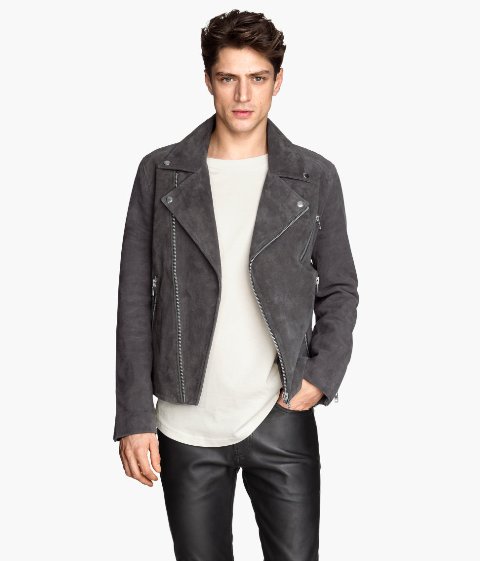 Gray jacket with white shirt and black leather pants