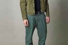 Olive green jacket with shirt, green pants and brown suede shoes