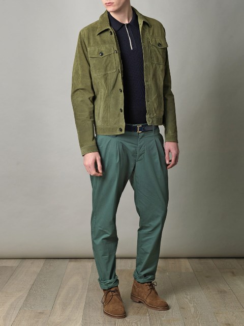 Olive green jacket with shirt, green pants and brown suede shoes