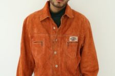 Orange jacket with green shirt and jeans