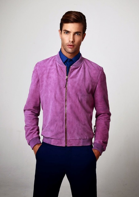 Purple jacket with cobalt blue shirt and navy blue pants