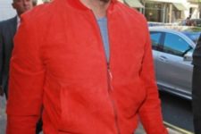 Red jacket with gray shirt and jeans
